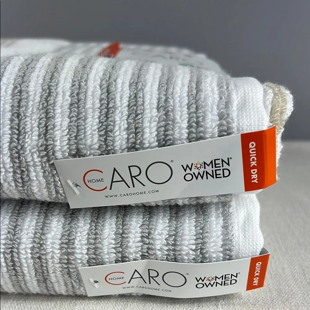 Caro Home Bath Towel Set White Gray Tan Stripe Plush Soft 100% Cotton 2 Pc NEW